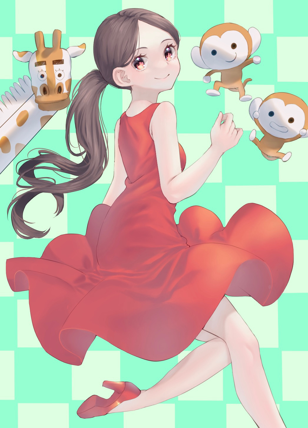 1other, 2boys, back, black_hair, breasts, brown_eyes, checkered_background, colored_skin