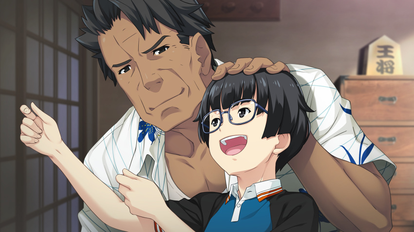 2boys, adam's_apple, aged_down, black_hair, blue-framed_eyewear, blue_shirt, blunt_bangs, blurry, blurry_background, child, collarbone, dark-skinned_male, dark_skin, father_and_son, fingernails, fukuda_tomonori, game_cg, glasses, hands_up, hawaiian_shirt, headpat, hidaka_hiromu, hidaka_subaru, highres, indoors, jacket, mature_male, multiple_boys, non-web_source, official_art, open_clothes, open_jacket, polo_shirt, robotics;notes, robotics;notes_dash, science_adventure, shirt, short_hair, shouji, sliding_doors, smile, tank_top, teeth, tongue, upper_teeth_only, white_jacket, white_tank_top