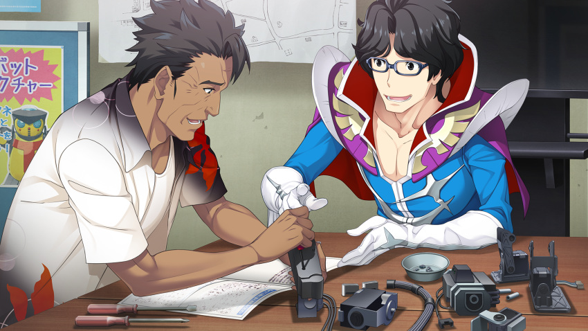2boys, adam's_apple, black_hair, blue-framed_eyewear, collarbone, costume, dark-skinned_male, dark_skin