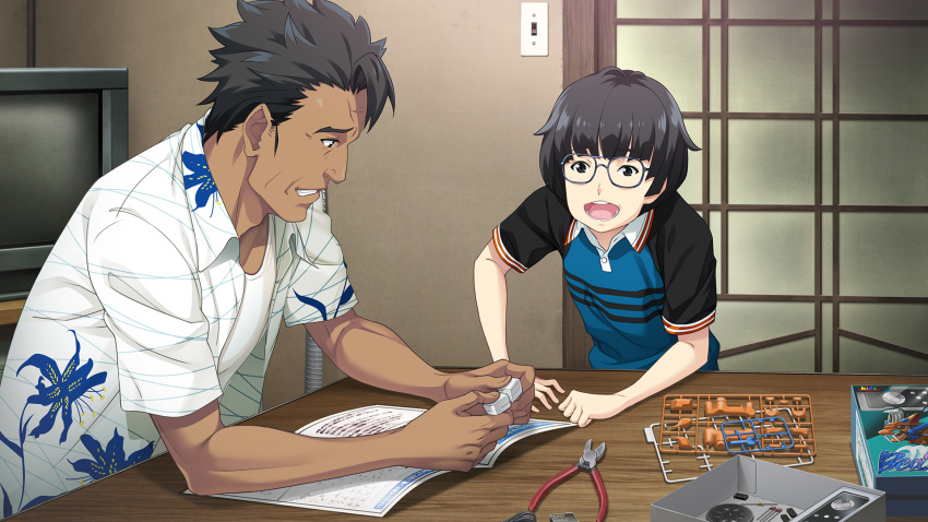2boys, aged_down, black_hair, blue-framed_eyewear, blue_jacket, child, dark-skinned_male, dark_skin