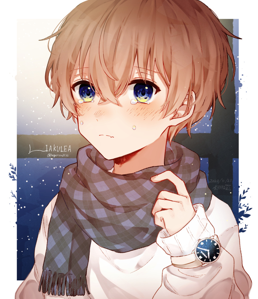 1boy, blue_eyes, blue_scarf, border, brown_hair, closed_mouth, commentary_request, daifuku_mame_(kageroudt33)