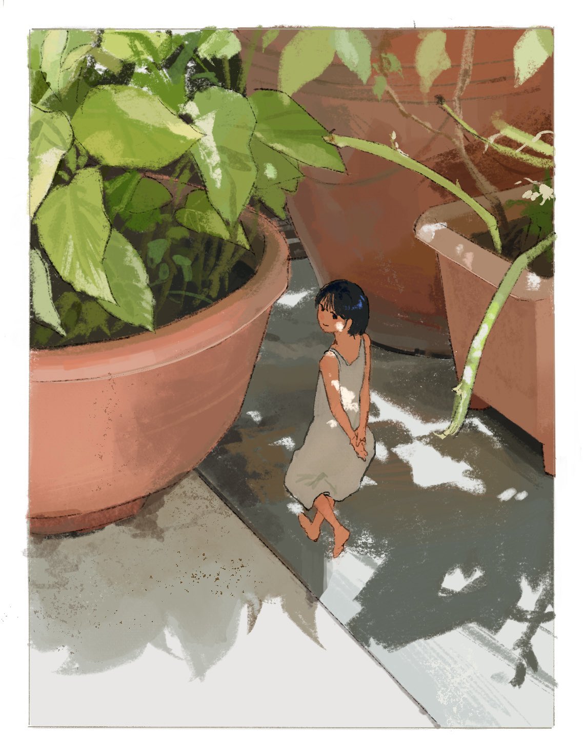 1girl, amo_(amo_0514), arms_behind_back, bare_arms, bare_shoulders, barefoot, black_hair, border
