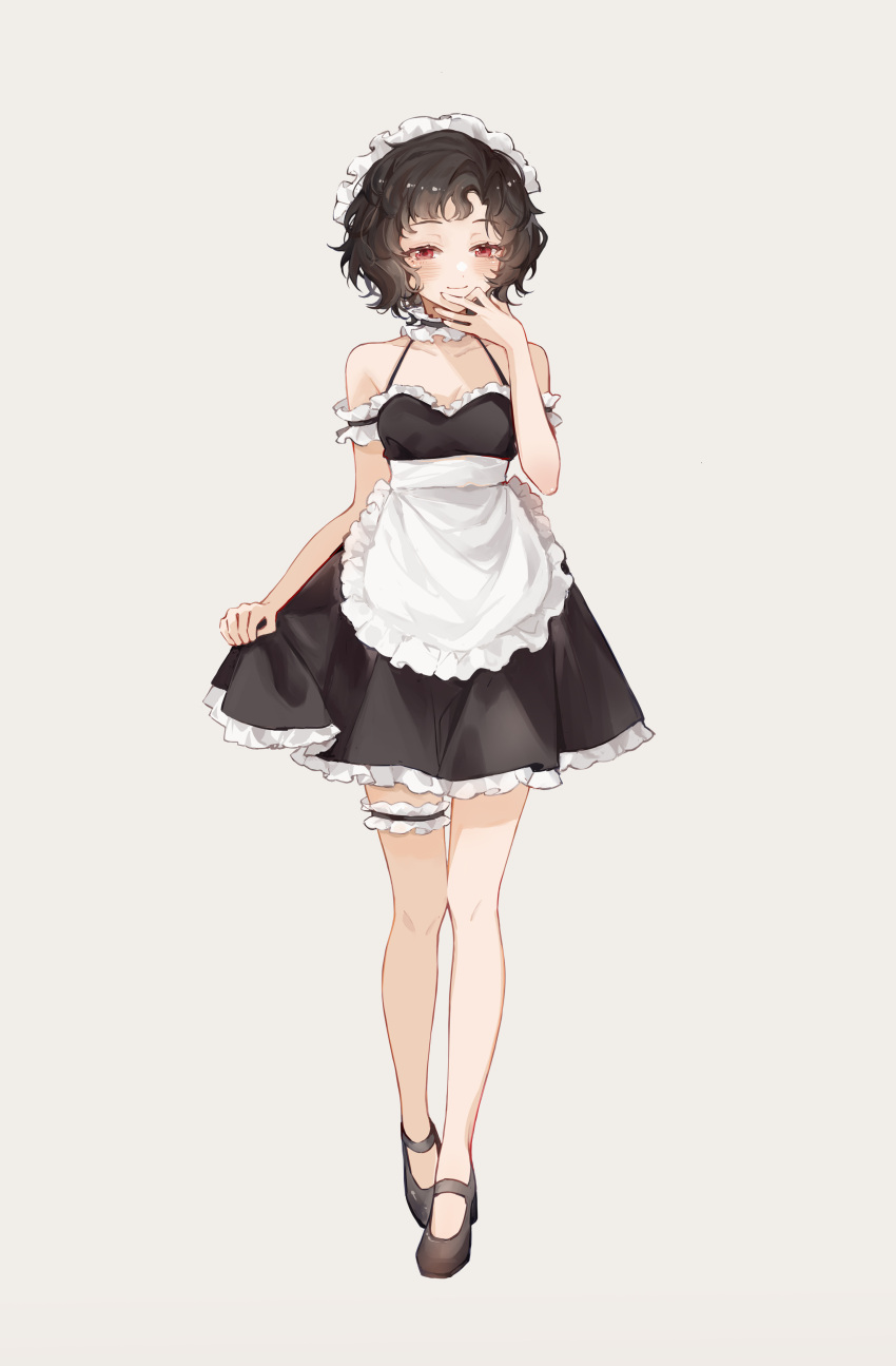 1girl, absurdres, alternate_costume, apron, arm_strap, bare_arms, bare_legs, bare_shoulders, black_dress, black_hair, black_shoes, choker, closed_mouth, dress, enmaided, frilled_apron, frilled_arm_strap, frilled_choker, frilled_dress, frilled_thigh_strap, frills, full_body, grey_background, halter_dress, halterneck, hand_on_own_chin, hand_up, highres, looking_at_viewer, maid, maid_headdress, mao_(1642598405), mary_janes, red_eyes, reverse:1999, schneider_(reverse:1999), shoes, short_dress, short_hair, skirt_hold, sleeveless, sleeveless_dress, smile, solo, standing, thigh_strap, waist_apron