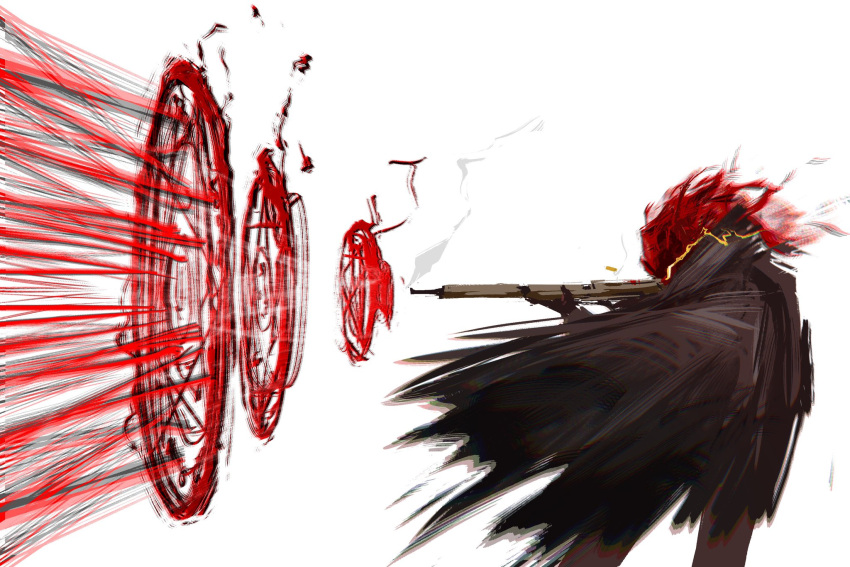 1other, aiming, black_cloak, burning, cloak, der_freischuetz_(project_moon), feet_out_of_frame, fiery_hair, from_side, gun, hashtag-only_commentary, highres, holding, holding_gun, holding_weapon, limbus_company, lobotomy_corporation, motion_blur, popped_collar, project_moon, rifle, sniper_rifle, solo, tomoart985, torn_clothes, weapon