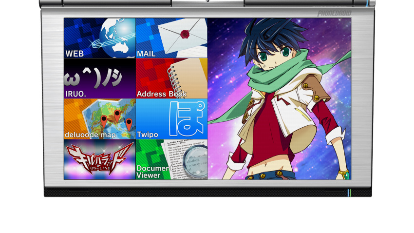 1boy, blue_hair, blue_pants, cropped_jacket, game_cg, genki_dotou, green_eyes, green_scarf