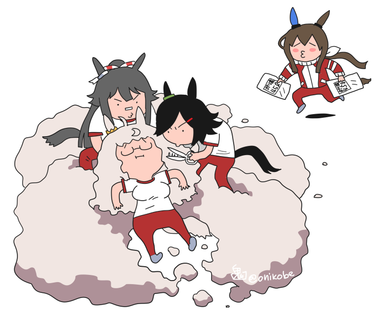 4girls, admire_vega_(umamusume), animal_ears, bandaid, bandaid_on_face, bandaid_on_nose, biwa_hayahide_(umamusume), black_hair