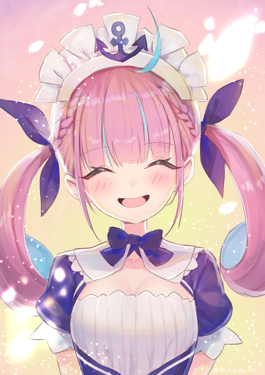1girl, :d, absurdres, ahoge, anchor_symbol, arms_behind_back, backlighting, blue_hair