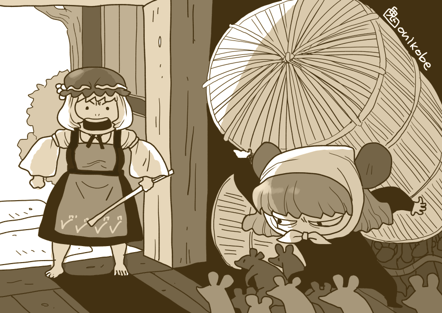 2girls, aki_minoriko, angry, animal_ears, apron, barefoot, brown_theme, burglar
