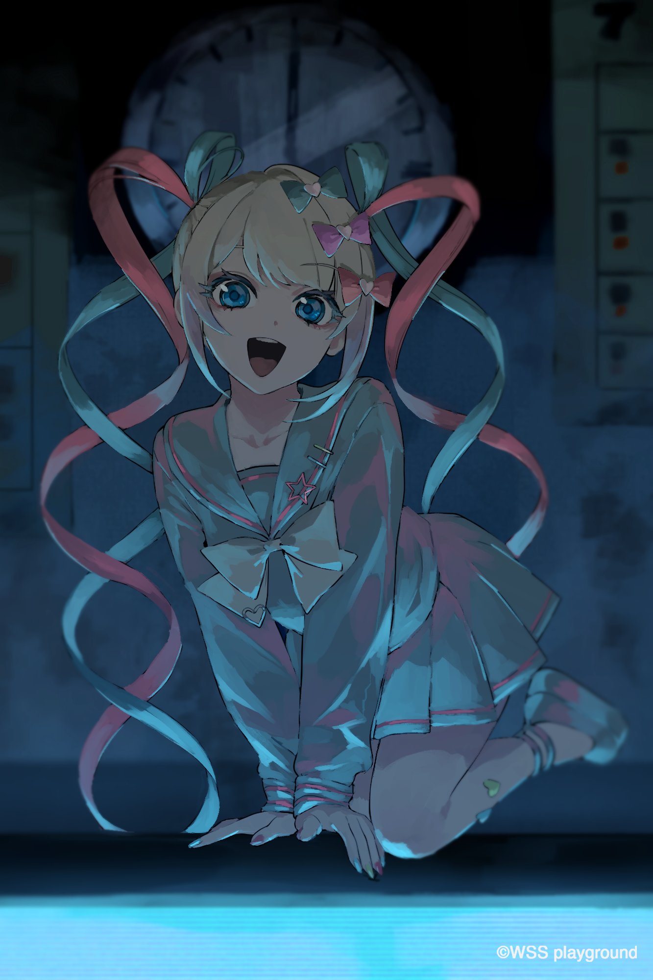 1girl, blonde_hair, blue_bow, blue_eyes, blue_hair, blue_serafuku, bow, chouzetsusaikawa_tenshi-chan
