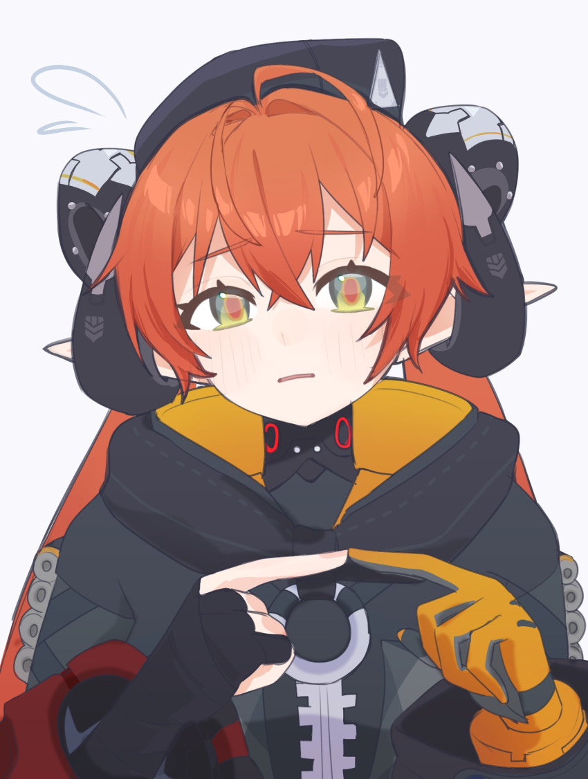 beret, black_coat, coat, finger_touching, fingerless_gloves, gloves, green_eyes, hat