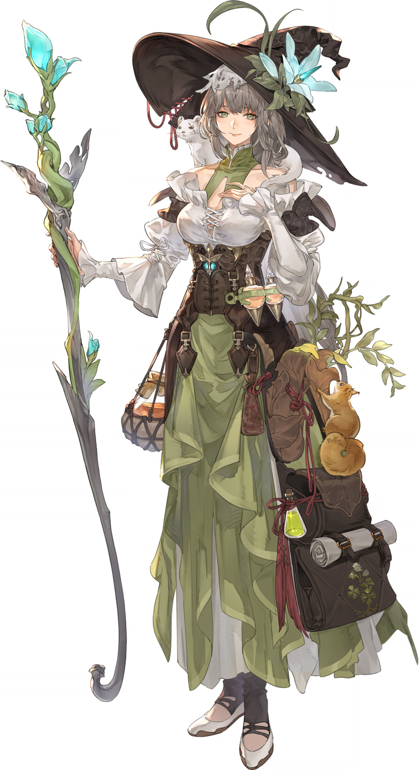 1girl, absurdres, bag, corset, cross, cross-laced_clothes, cross-laced_top, ermine, flats, flavia_(sword_of_convallaria), green_eyes, green_skirt, grey_hair, halterneck, hat, highres, holding, holding_staff, medium_hair, non-web_source, official_art, pack, potion, skirt, solo, squirrel, staff, sword_of_convallaria, weasel, witch_hat