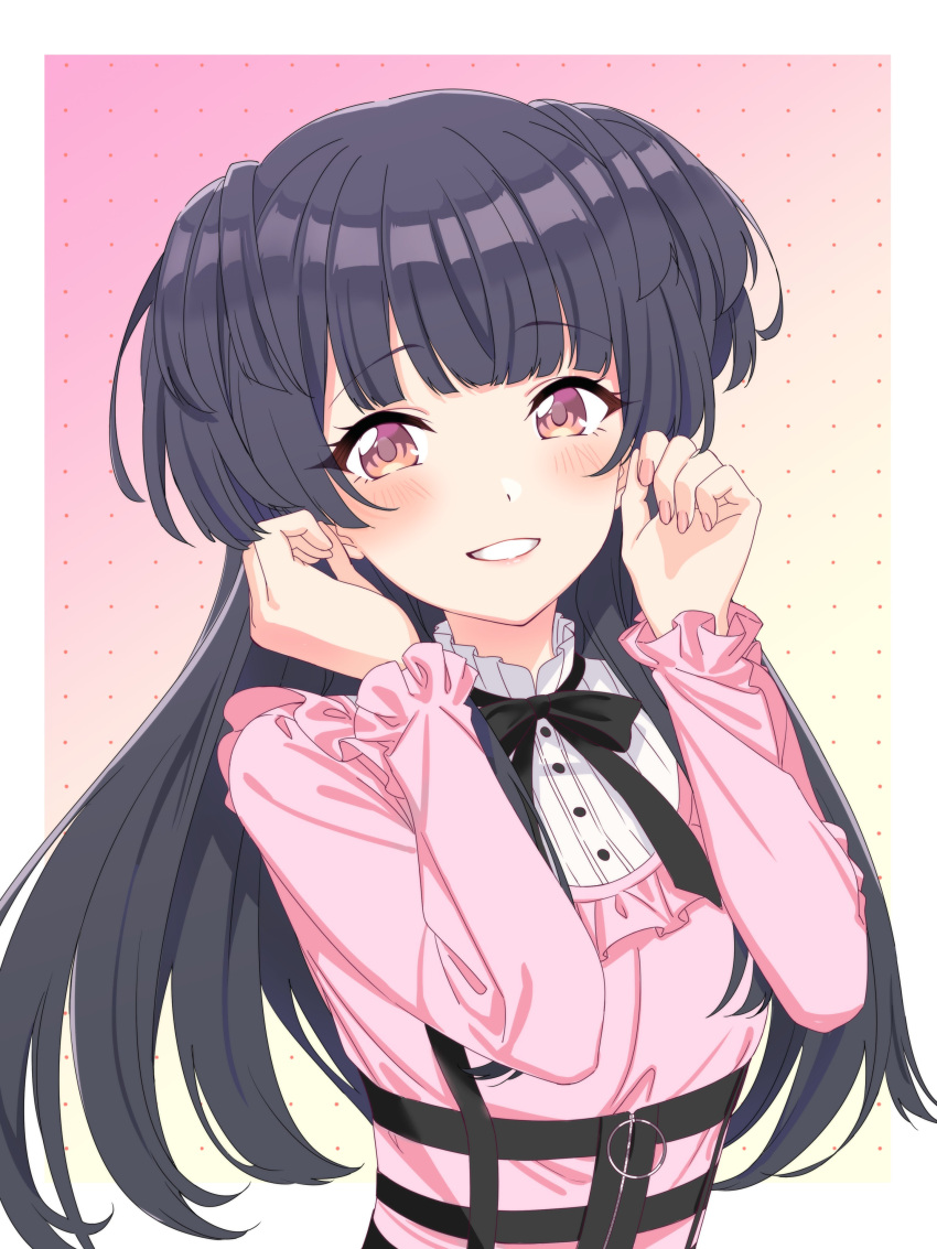 1girl, :d, absurdres, black_bow, black_bowtie, black_hair, blunt_bangs, blush