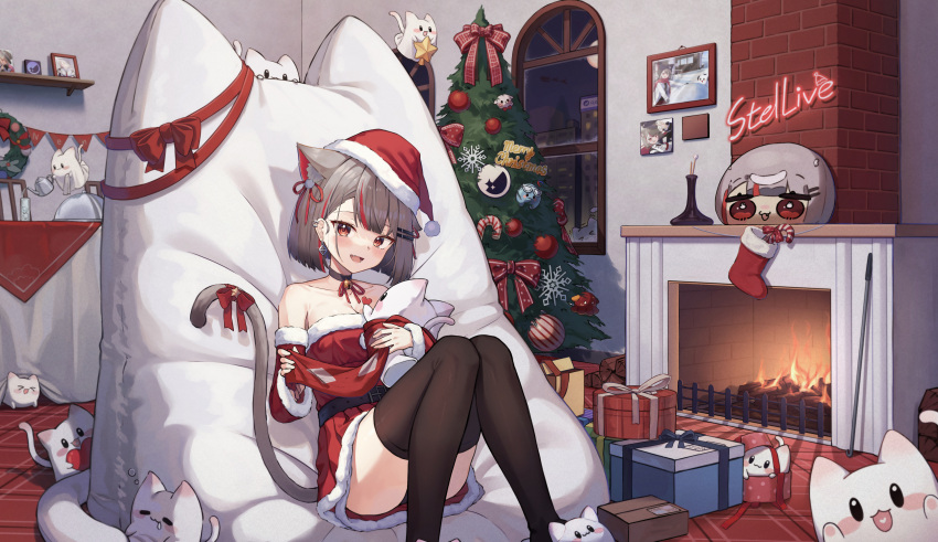 >_<, 1girl, :3, :d, absurdres, animal_ears, bean_bag_chair, black_choker