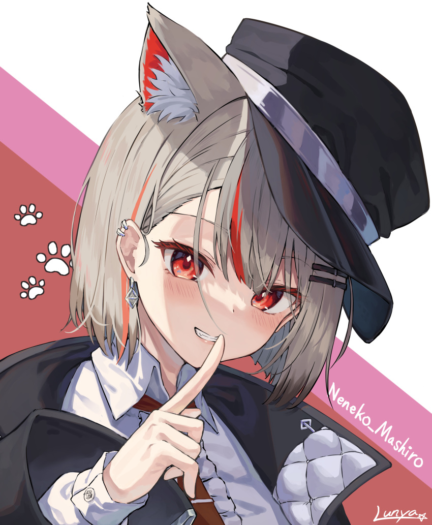 1girl, absurdres, animal_ears, black_hat, black_jacket, cat_ears, cat_girl, finger_to_mouth