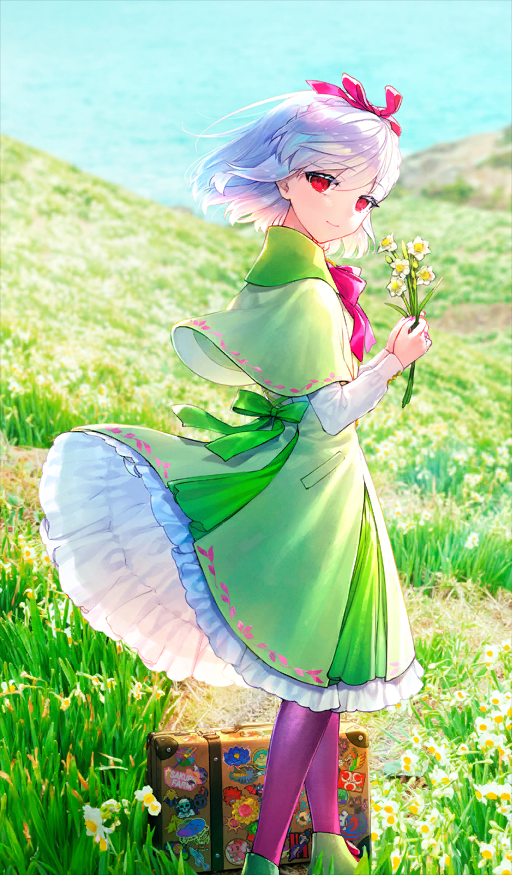 1girl, blue_sky, closed_mouth, commentary_request, daffodil, day, dress, fate/grand_order