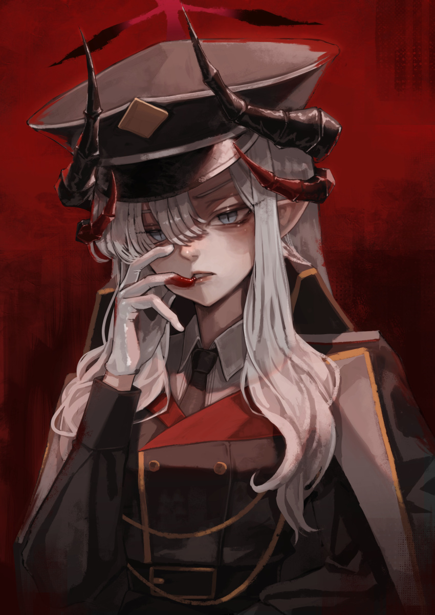 1girl, absurdres, black_coat, black_hat, black_jacket, black_necktie, blood, blood_on_hands