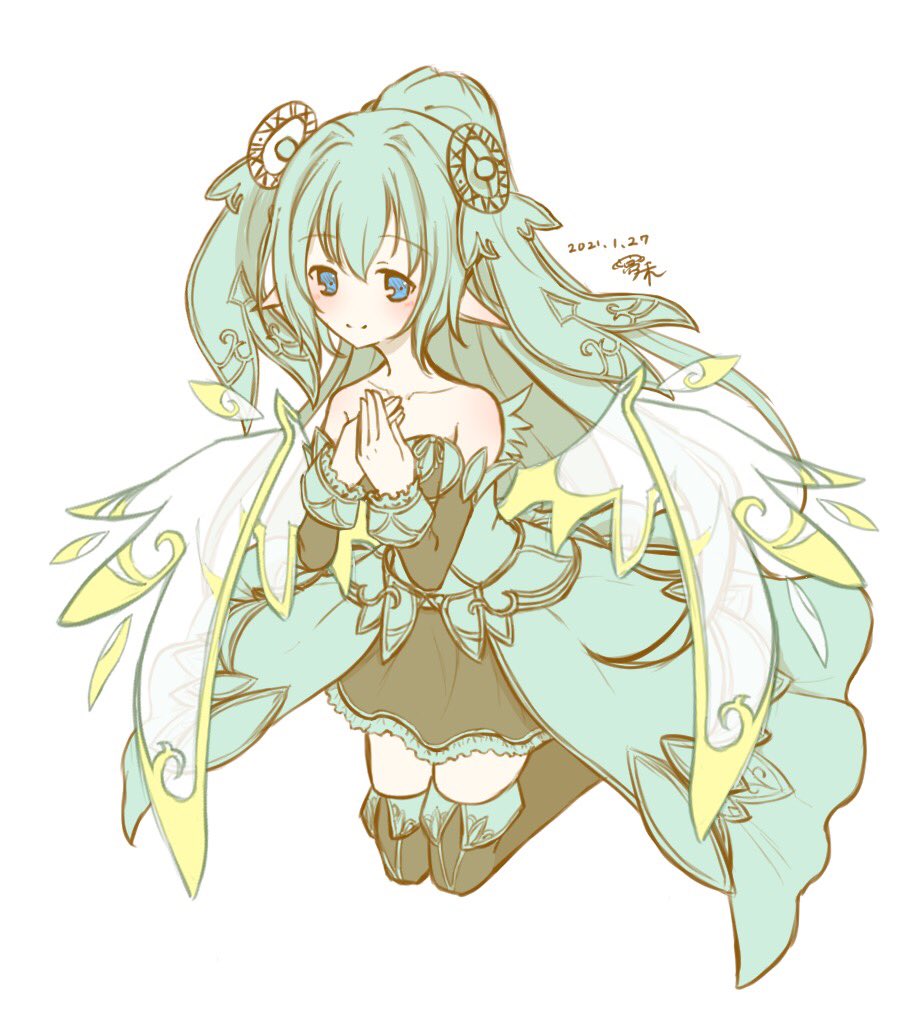 1girl, black_boots, blue_eyes, boots, breasts, dated, dreamsheep0129, dress, emil_chronicle_online, green_dress, green_hair, hair_ornament, long_hair, medium_breasts, mitama_lilie, off_shoulder, pointy_ears, ponytail, signature, strapless, strapless_dress, thigh_boots, transparent_wings, white_background, white_wings, wings