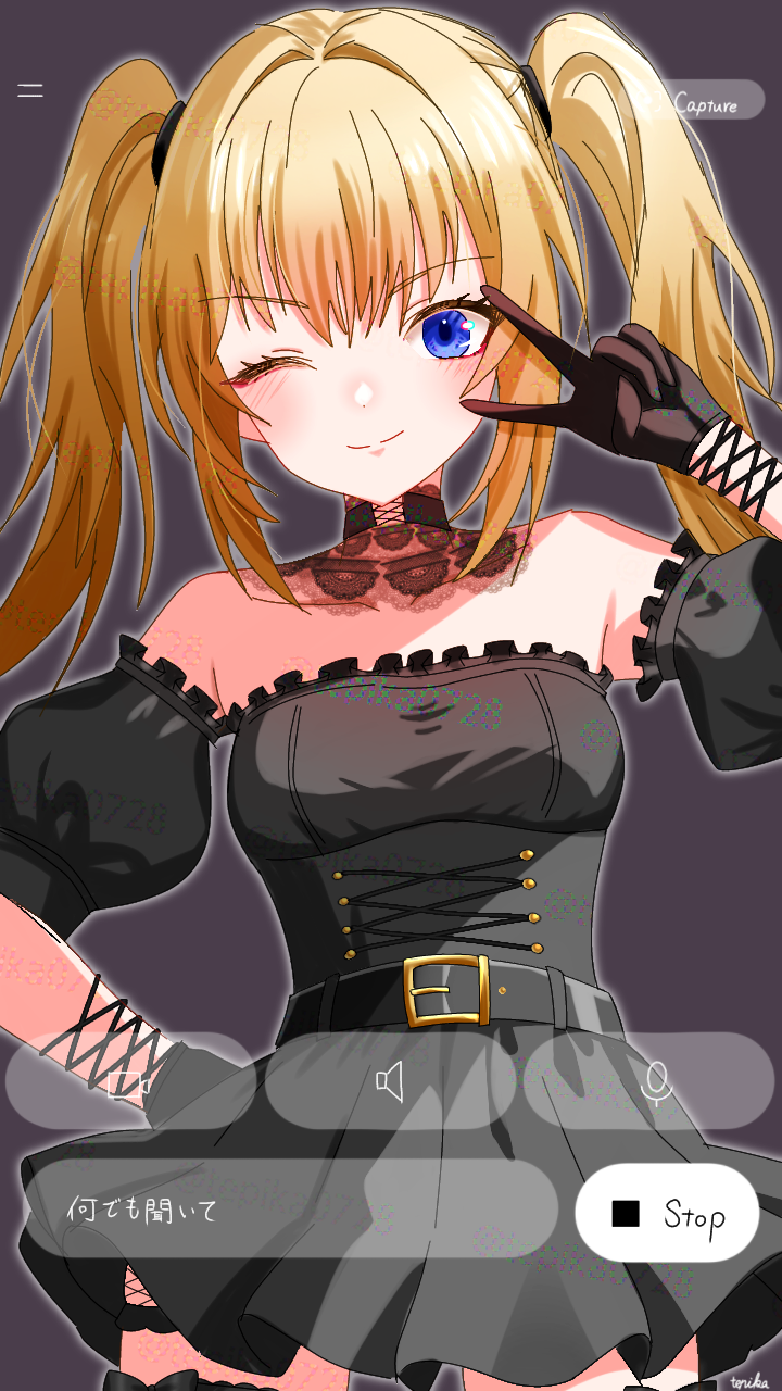 1girl, ;), ani_(xai), artist_name, bare_shoulders, belt, belt_buckle, black_belt