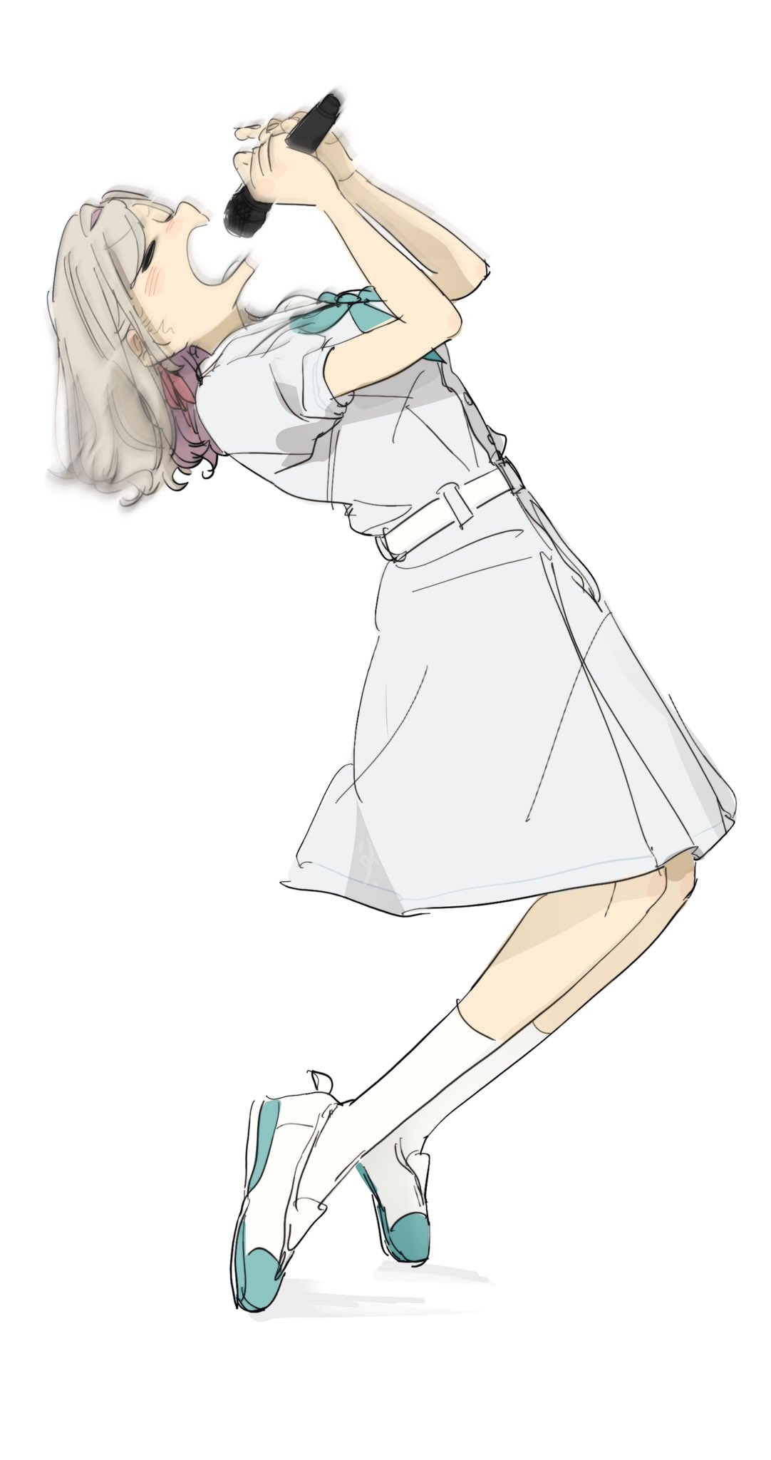 1girl, 524ryo, aqua_neckerchief, aqua_shoes, ceras_yanagida_lilienfeld, commentary_request, dress, full_body, hair_ribbon, hasu_no_sora_school_uniform, highres, holding, holding_microphone, karaoke, karaoke_hasu_no_sora, link!_like!_love_live!, love_live!, medium_dress, microphone, neckerchief, open_mouth, pink_ribbon, pleated_dress, profile, puffy_short_sleeves, puffy_sleeves, ribbon, sailor_collar, sailor_dress, school_uniform, shoes, short_sleeves, simple_background, solo, summer_uniform, uwabaki, virtual_youtuber, white_background, white_dress, white_sailor_collar