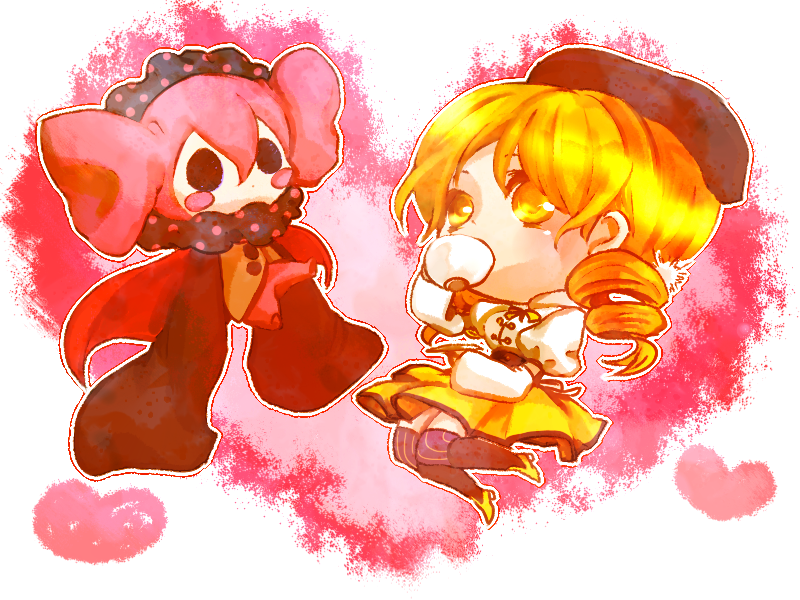 blonde_hair, boots, charlotte_(madoka_magica), chibi, cup, deatched_sleeves, detached_sleeves, drill_hair, fingerless_gloves, gloves, hair_ornament, hat, magical_girl, mahou_shoujo_madoka_magica, puffy_sleeves, tea, teacup, thigh-highs, thighhighs, tomoe_mami, v.u.v., vertical-striped_legwear, vertical_stripes, yellow_eyes