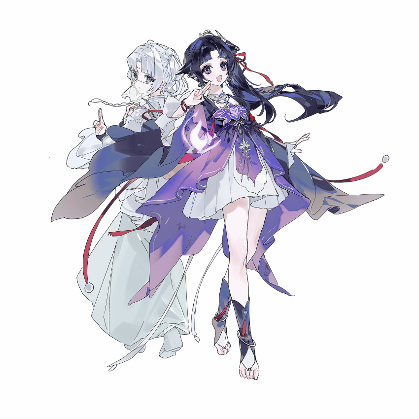 2girls, absurdres, animal_print, black_hair, blunt_bangs, braid, butterfly_print, chinese_clothes, dot_nose, dress, expressionless, eyelashes, fire, floating_clothes, floating_hair, full_body, grey_hair, hair_bobbles, hair_ornament, hair_ribbon, hair_rings, hand_on_own_shoulder, hanfu, happy, highres, infinity_nikki, jewelry, knees, layered_dress, layered_sleeves, long_dress, long_hair, long_sleeves, looking_at_viewer, lotus_heart_(infinity_nikki), mouth_veil, multiple_girls, necklace, nikki_(series), open_mouth, ouwei, parted_bangs, pleated_dress, procreate_(medium), purple_dress, purple_fire, red_ribbon, ribbon, see-through_clothes, see-through_veil, shoes, short_dress, side_braid, side_ponytail, simple_background, single_braid, sleeves_past_wrists, smile, socks, standing, stirrup_legwear, thought_in_bloom_(infinity_nikki), tiptoes, toeless_legwear, toenails, toes, veil, violet_eyes, white_background, white_dress, white_hanfu, white_shoes, white_socks, white_veil, wide_sleeves