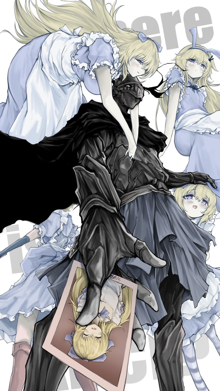 1boy, 4girls, absurdres, alice_(black_souls), apron, armor, black_cape, black_souls, black_souls_2, blonde_hair, blue_dress, blue_eyes, blush, bow, cape, closed_mouth, daughter_alice_(black_souls), dress, full_armor, grimm_(black_souls), hair_bow, hand_on_another's_head, helmet, highres, long_hair, looking_at_viewer, mother_alice_(black_souls), multiple_girls, open_mouth, photo_(object), scrapiron2800, sister_alice_(black_souls), smile, white_apron