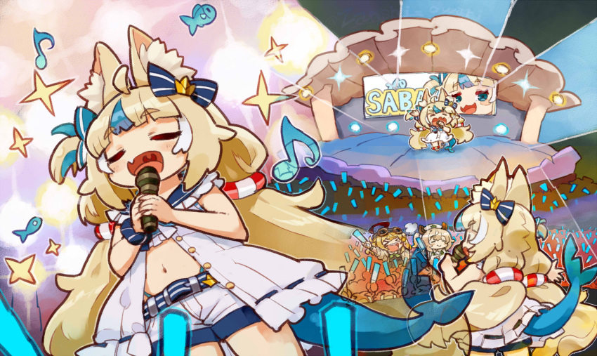 >_<, 3girls, :d, animal_ear_fluff, animal_ears, blue_hair, brown_hair, cat_ears, character_name, chibi, closed_eyes, closed_mouth, commentary, crying, dooby_(vtuber), dress, eighth_note, english_commentary, fins, fish_tail, glowstick, goggles, goggles_on_head, hat, highres, indie_virtual_youtuber, itsuki_tasuku, long_hair, multicolored_hair, multiple_girls, musical_note, navel, nimi_nightmare, nurse_cap, one_side_up, open_door, sameko_saba, short_shorts, shorts, smile, standing, streaked_hair, streaming_tears, tail, tears, very_long_hair, white_dress, white_hair, white_hat, white_shorts, xd