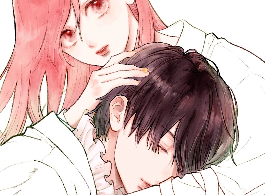 1boy, 1girl, black_hair, closed_eyes, closed_mouth, collar, collared_shirt, commentary_request, fingernails, frilled_collar, frills, hand_on_another's_head, hetero, itose_yuki, itsuomi_nagi, long_hair, long_sleeves, morisita_suu, nail_polish, official_alternate_hair_color, official_art, parted_lips, red_eyes, red_hair, red_lips, shirt, short_hair, simple_background, sleeping, sleeping_on_person, upper_body, white_background, white_shirt, yellow_nails, yubisaki_to_renren