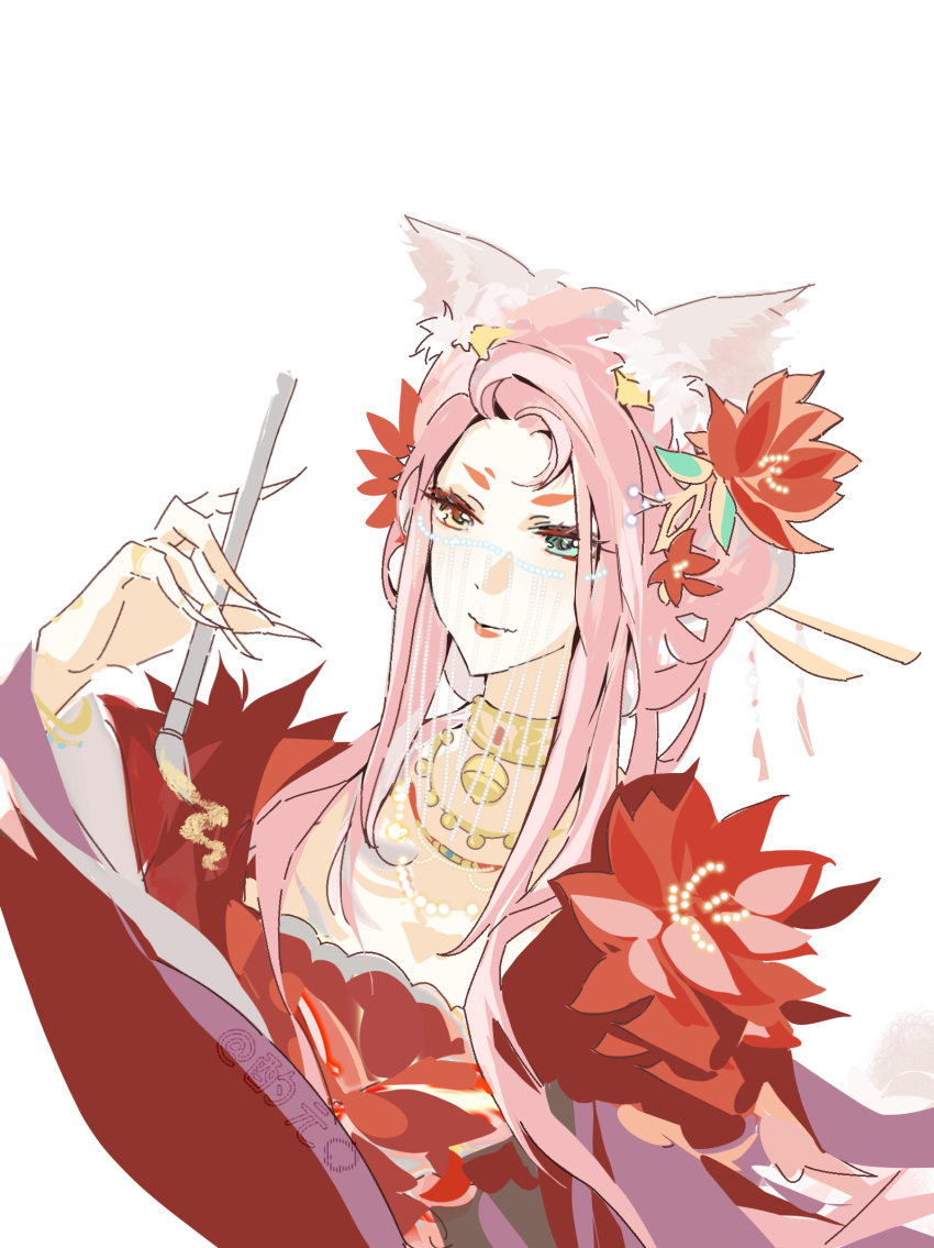 1girl, animal_ear_fluff, animal_ears, aqua_eyes, beads, bell, blonde_hair, calligraphy_brush