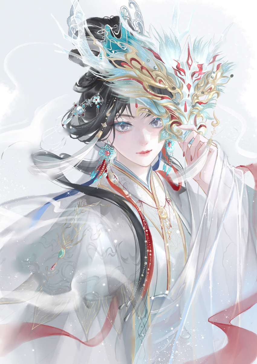 1girl, aqua_eyeliner, black_hair, blue_flower, blue_mask, chinese_clothes, chinese_commentary, closed_mouth, clouded_loong_(infinity_nikki), commentary_request, dragon_mask, earrings, eyelashes, eyeshadow, flower, forehead_jewel, grey_background, grey_eyes, hagoromo, hair_bun, hair_flower, hair_ornament, half_updo, hanfu, happy, highres, holding, holding_mask, infinity_nikki, jewelry, lipstick, long_hair, long_sleeves, looking_at_viewer, makeup, mask, nail_polish, nikki_(series), parted_bangs, pink_eyeshadow, pink_lips, pink_nails, shawl, single_hair_bun, situ_ming_ling_hua_yi, slit_pupils, smile, smoke, solo, tsurime, upper_body, very_long_hair, white_hanfu, white_shawl, wide_sleeves