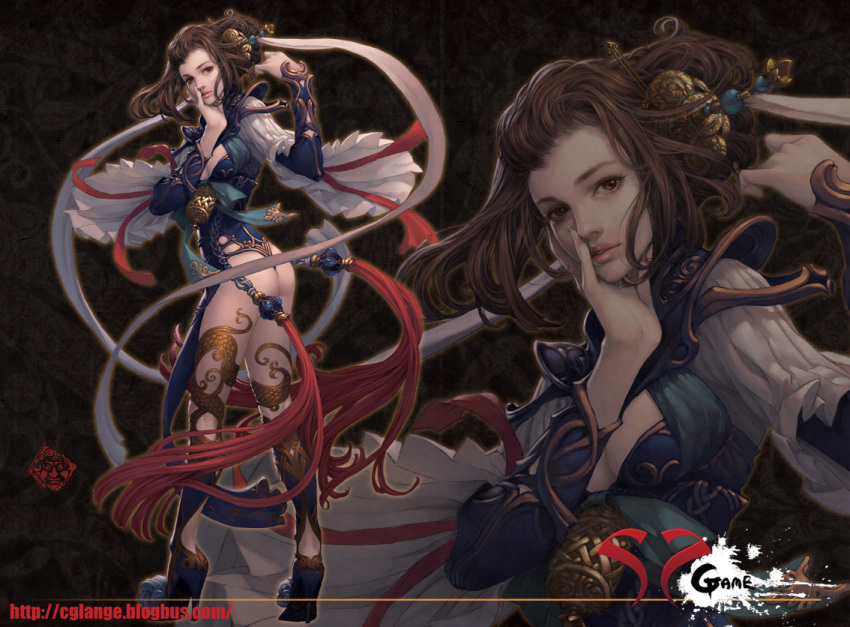 ass, breasts, brown_eyes, brown_hair, cglange, character_request, cleavage, fingernails