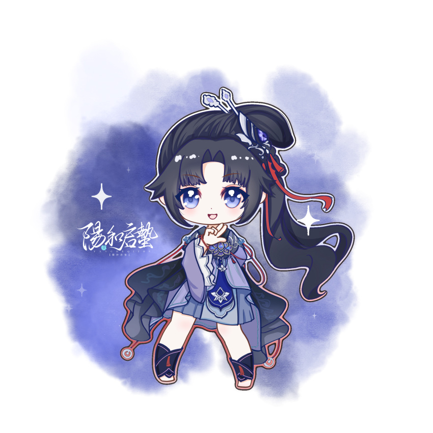 1girl, ankle_socks, black_cape, black_capelet, black_hair, black_socks, blue_background, blue_dress