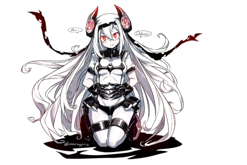 1girl, abyssal_ship, air_defense_princess, black_gloves, black_headband, blush, breasts, colored_skin