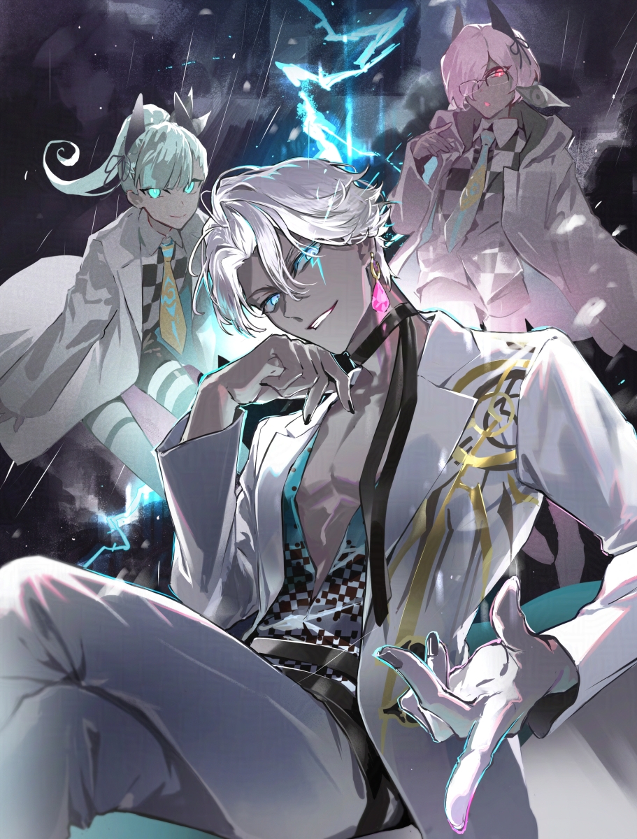 1girl, 2boys, animal_ears, belt, black-framed_eyewear, black_belt, black_choker, black_nails, black_shorts, blue_eyes, blurry, boy_vajra_(fate), boy_vajra_(fgo_fes._2025)_(fate), checkered_clothes, checkered_shirt, choker, closed_mouth, collared_shirt, colored_skin, commentary, crossed_legs, depth_of_field, earrings, fate/grand_order, fate_(series), girl_vajra_(fate), girl_vajra_(fgo_fes._2025)_(fate), glasses, glowing, glowing_eyes, green_eyes, green_hair, green_shirt, grey_jacket, grey_skin, grin, hair_between_eyes, hair_over_one_eye, hand_up, head_rest, high_ponytail, highres, hood, hooded_jacket, indra_(fate), indra_(fgo_fes._2025)_(fate), jacket, jewelry, lightning, lightning_bolt_facial_mark, long_hair, long_sleeves, looking_at_viewer, multiple_boys, nail_polish, necktie, open_clothes, open_jacket, pants, parted_bangs, parted_lips, pectoral_cleavage, pectorals, pink_eyes, pink_hair, ponytail, poppoman, rain, shirt, short_hair, shorts, sitting, smile, white_hair, white_jacket, white_pants