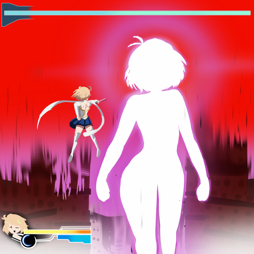 2girls, ahoge, arcueid_brunestud, arcueid_brunestud_(luminous_body), baseball_bat, battle, blonde_hair, boss_fight, choker, crescent, crescent_hair_ornament, dark_persona, detached_sleeves, dual_persona, fighting, fighting_stance, floating_clothes, floating_hair, giant, giantess, hair_ornament, hand_on_own_hip, health_bar, highres, imstupid13, magical_girl, melty_blood, melty_blood:_type_lumina, multiple_girls, one_eye_closed, phantas-moon, red_arcueid, size_difference, skirt, smile, thigh-highs, tsukihime, tsukihime_(remake)