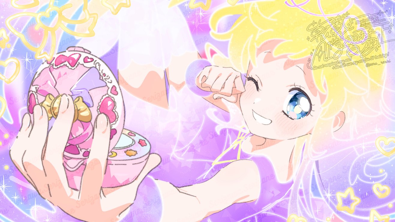 1girl, asymmetrical_bangs, bare_arms, bare_shoulders, blonde_hair, blush, collarbone, compact_(cosmetics)