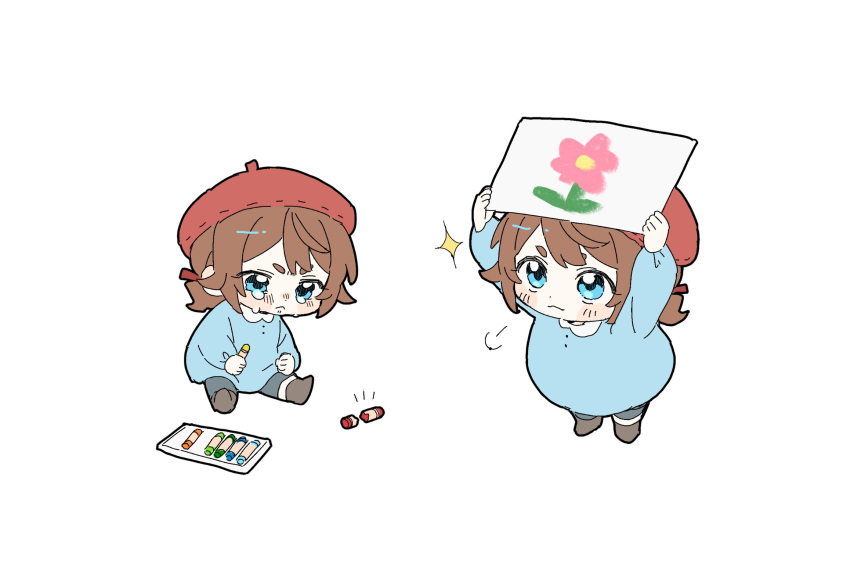 1boy, aged_down, beret, blue_eyes, blue_shirt, bow, broken, brown_hair