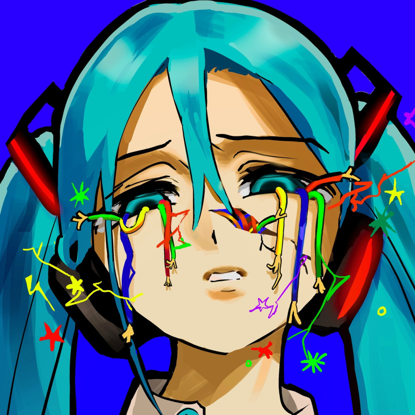 1girl, blue_background, blue_eyes, blue_hair, cable, commentary, english_commentary, frayed_cable