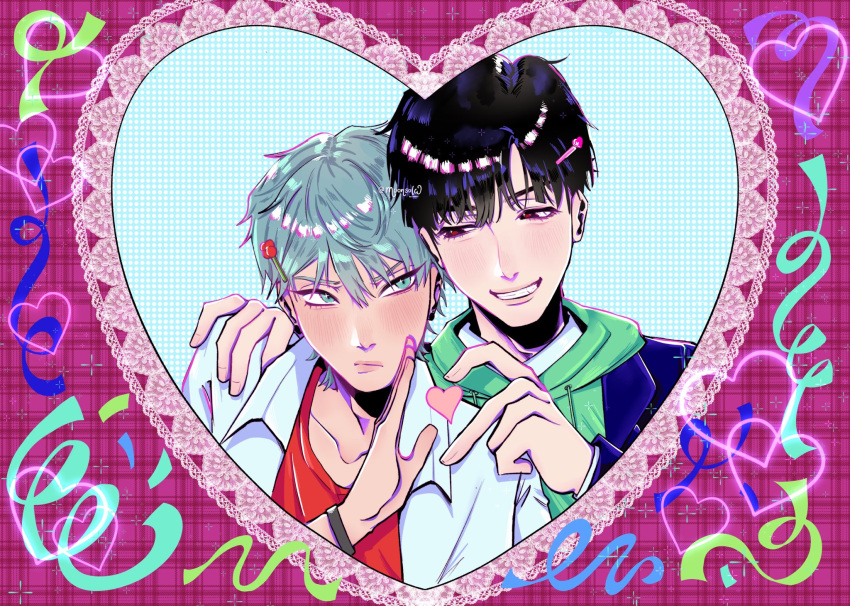 2boys, alien_stage, black_eyes, blue_jacket, closed_mouth, collared_shirt, commentary, english_commentary, frown, green_eyes, green_hoodie, hair_ornament, hairclip, hand_on_another's_shoulder, heart, heart_hands_failure, highres, hood, hoodie, ivan_(alien_stage), jacket, jacket_over_hoodie, lace, layered_shirt, looking_at_another, looking_to_the_side, male_focus, moonsolw, multiple_boys, official_alternate_costume, open_clothes, open_shirt, plaid_background, red_pupils, red_shirt, shirt, short_hair, smile, till_(alien_stage), very_short_hair, white_shirt