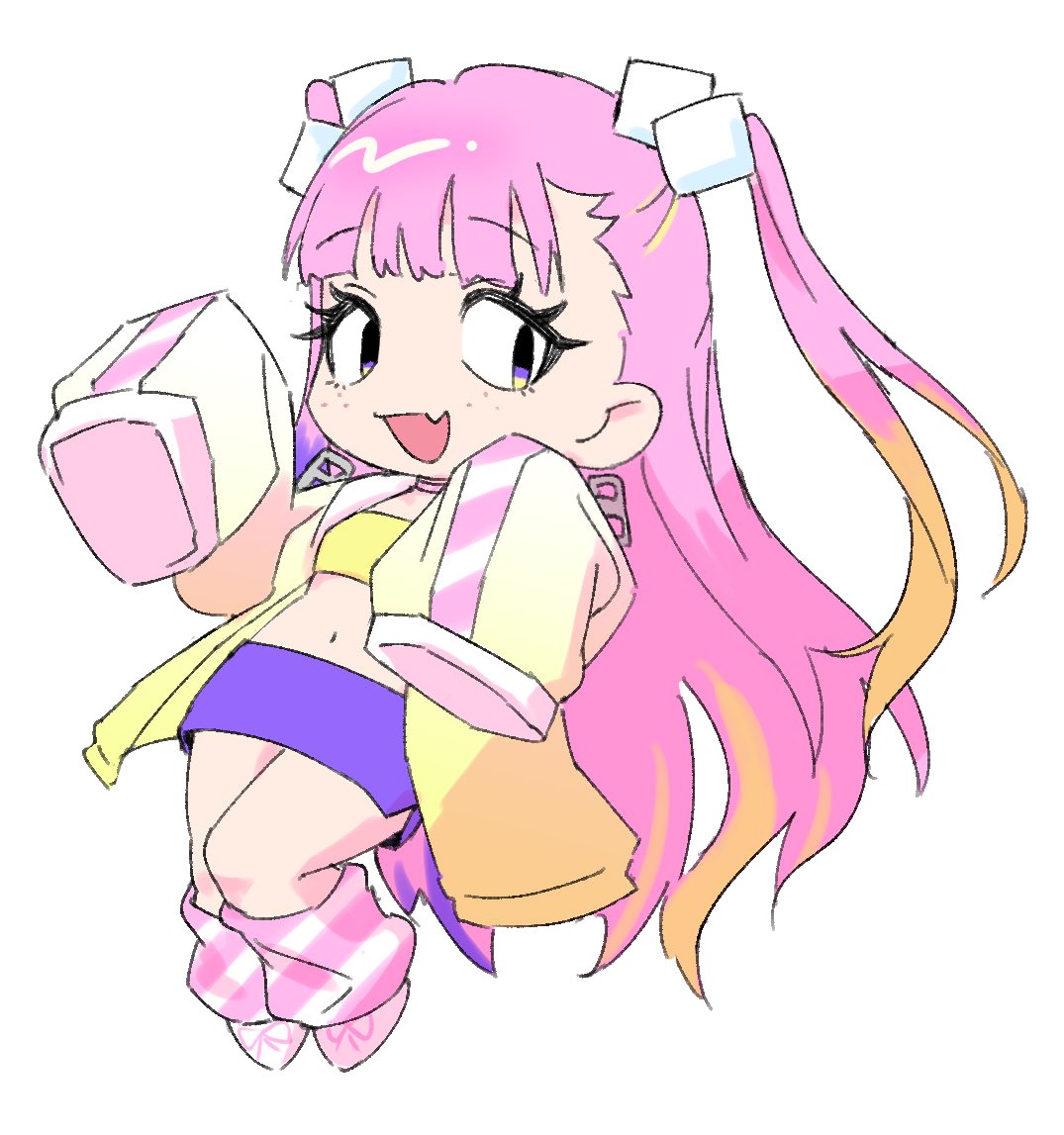 1girl, blonde_hair, chibi, chibi_only, choker, crop_top, cube_hair_ornament, earrings