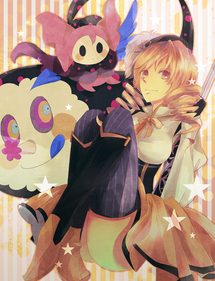 blonde_hair, boots, charlotte_(madoka_magica), crossed_legs, drill_hair, gun, hat, legs_crossed