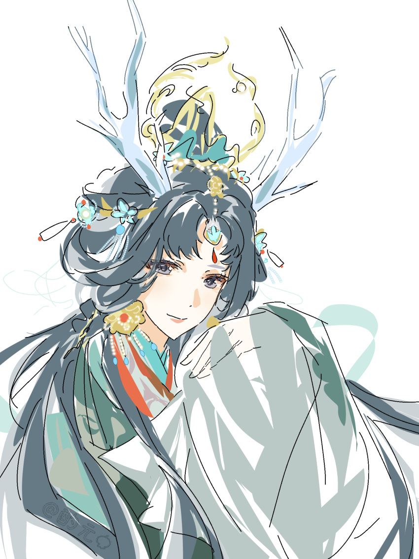 1girl, black_hair, blue_flower, blue_horns, chinese_clothes, circlet, closed_mouth, clouded_loong_(infinity_nikki), crown, dragon_girl, dragon_horns, flower, gold_crown, green_hanfu, grey_eyes, hagoromo, hair_bun, hair_flower, hair_ornament, hand_up, hanfu, highres, horns, infinity_nikki, jintianshigehaotianqine, lipstick, long_hair, long_sleeves, looking_at_viewer, makeup, nikki_(series), pink_lips, shawl, simple_background, single_hair_bun, sleeves_past_fingers, sleeves_past_wrists, smile, solo, upper_body, very_long_hair, white_background, white_sleeves