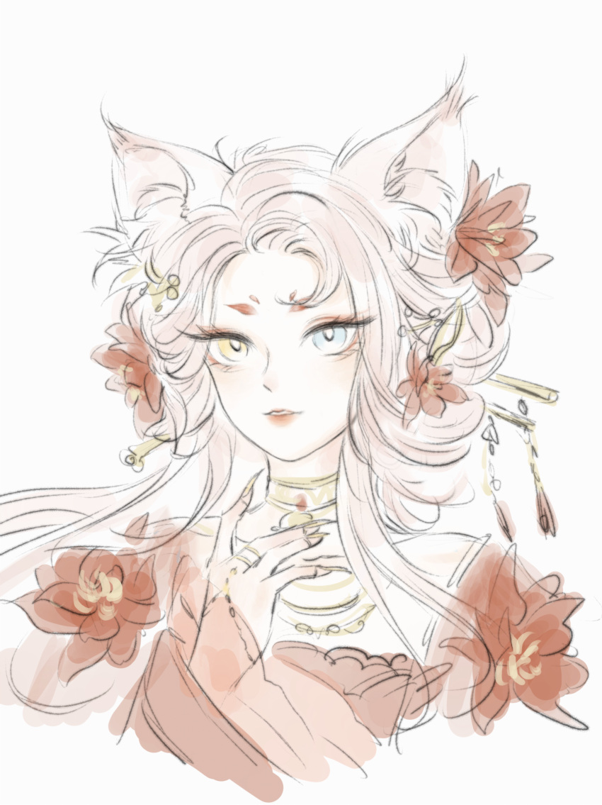 1girl, absurdres, animal_ear_fluff, animal_ears, blue_eyes, bright_pupils, chinese_clothes, chinese_hairpin
