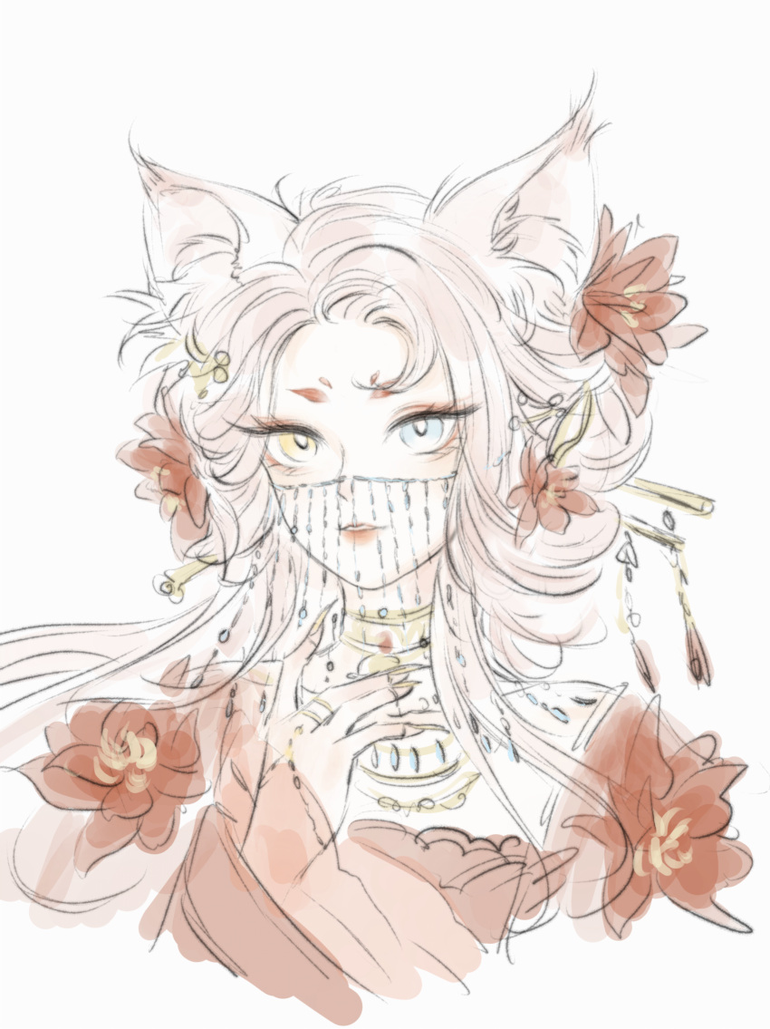 1girl, absurdres, animal_ear_fluff, animal_ears, blue_eyes, bright_pupils, chinese_clothes, chinese_hairpin