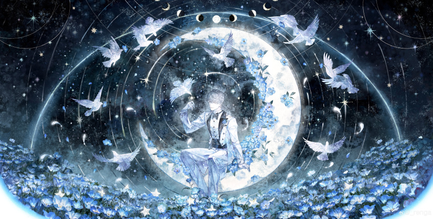1boy, absurdres, bird, bird_on_hand, black_bow, black_bowtie, black_corset, black_sky