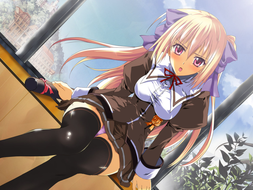 bad_id, blush, building, cloud, dutch_angle, embarrassed, flower, hair_ribbon