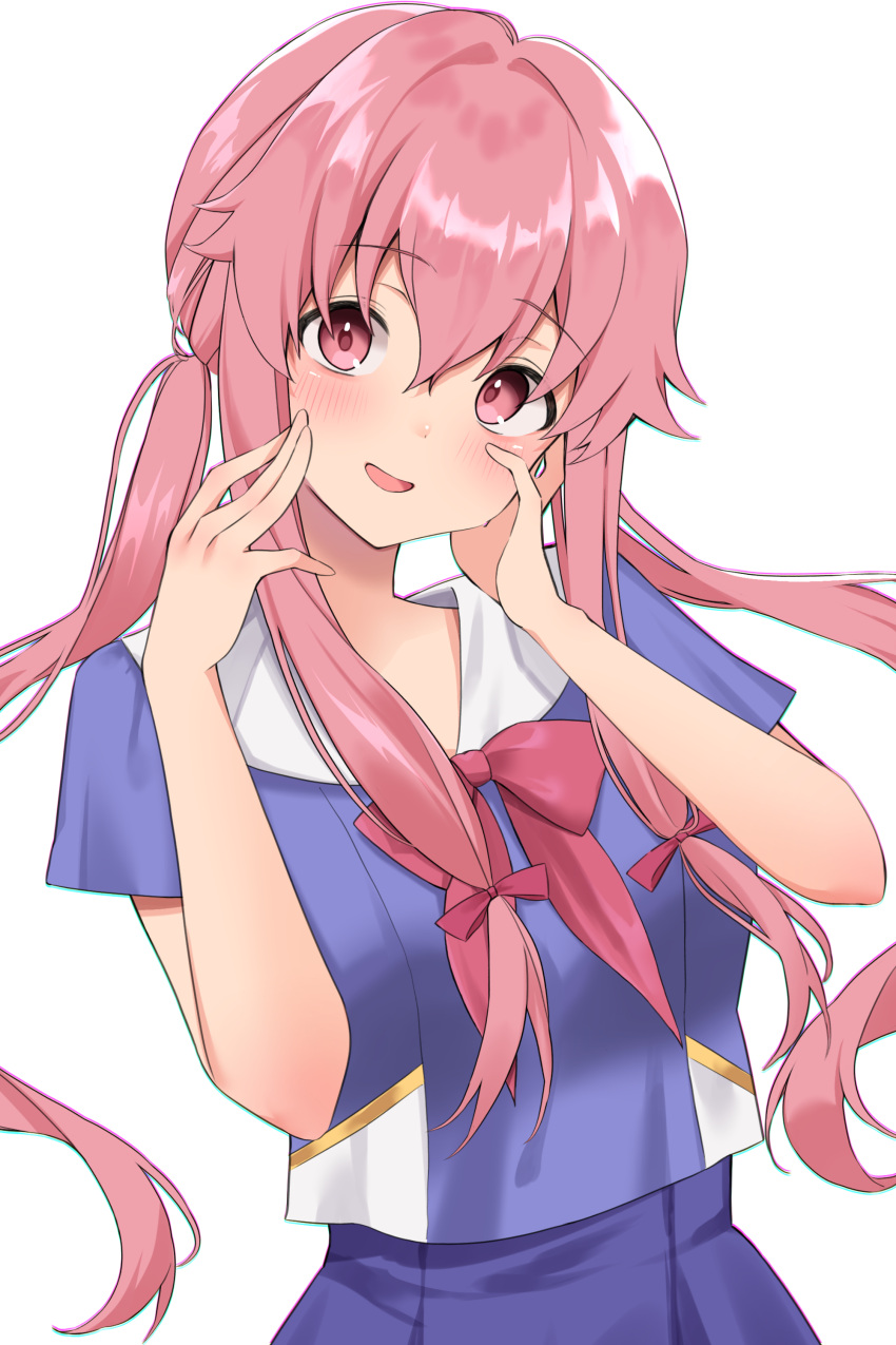 1girl, absurdres, blush, bow, gasai_yuno, hands_on_own_cheeks, hands_on_own_face, highres
