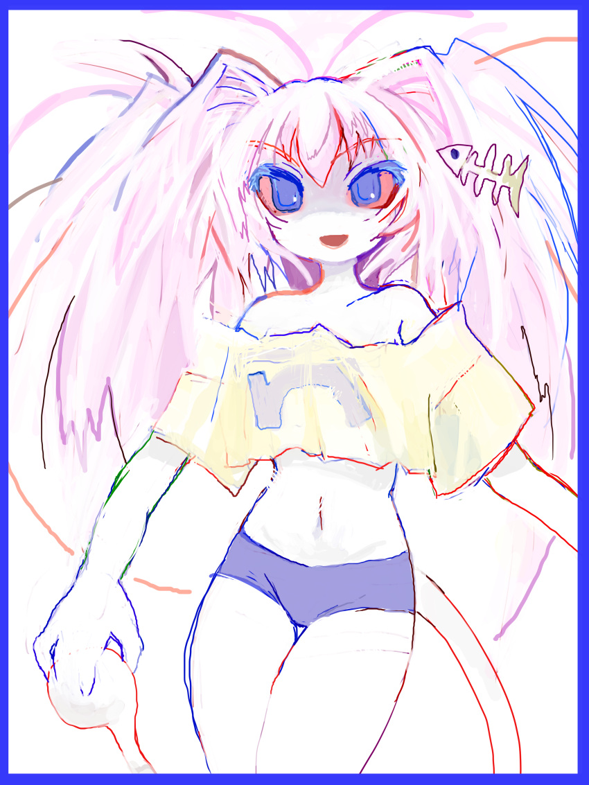1girl, 8eyes, absurdres, blue_eyes, blue_shorts, colored_eyelashes, colored_sclera, colored_skin