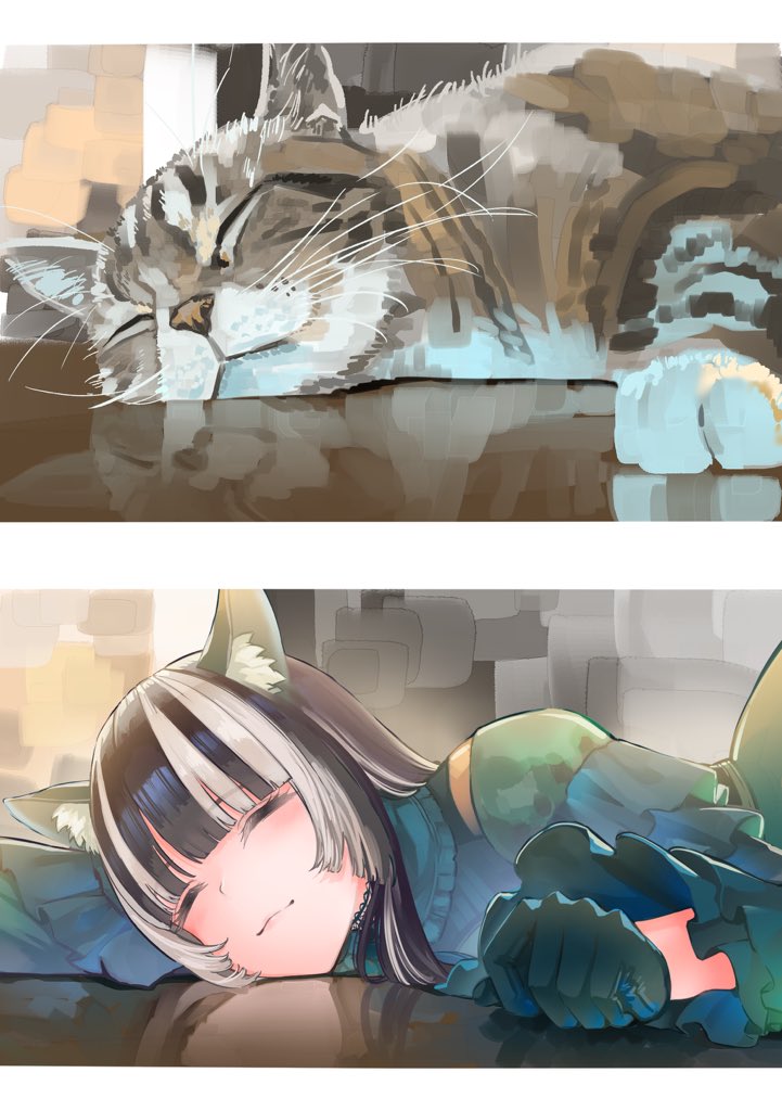 1girl, :3, animal_ears, black_hair, blush, cat, cat_ears, cat_girl