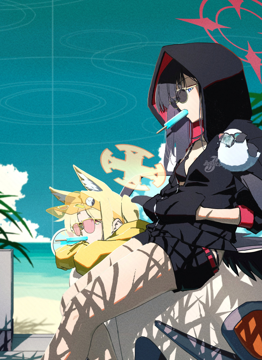 2girls, absurdres, animal_ear_fluff, animal_ears, belt, bikini, bikini_under_shorts, black_bikini